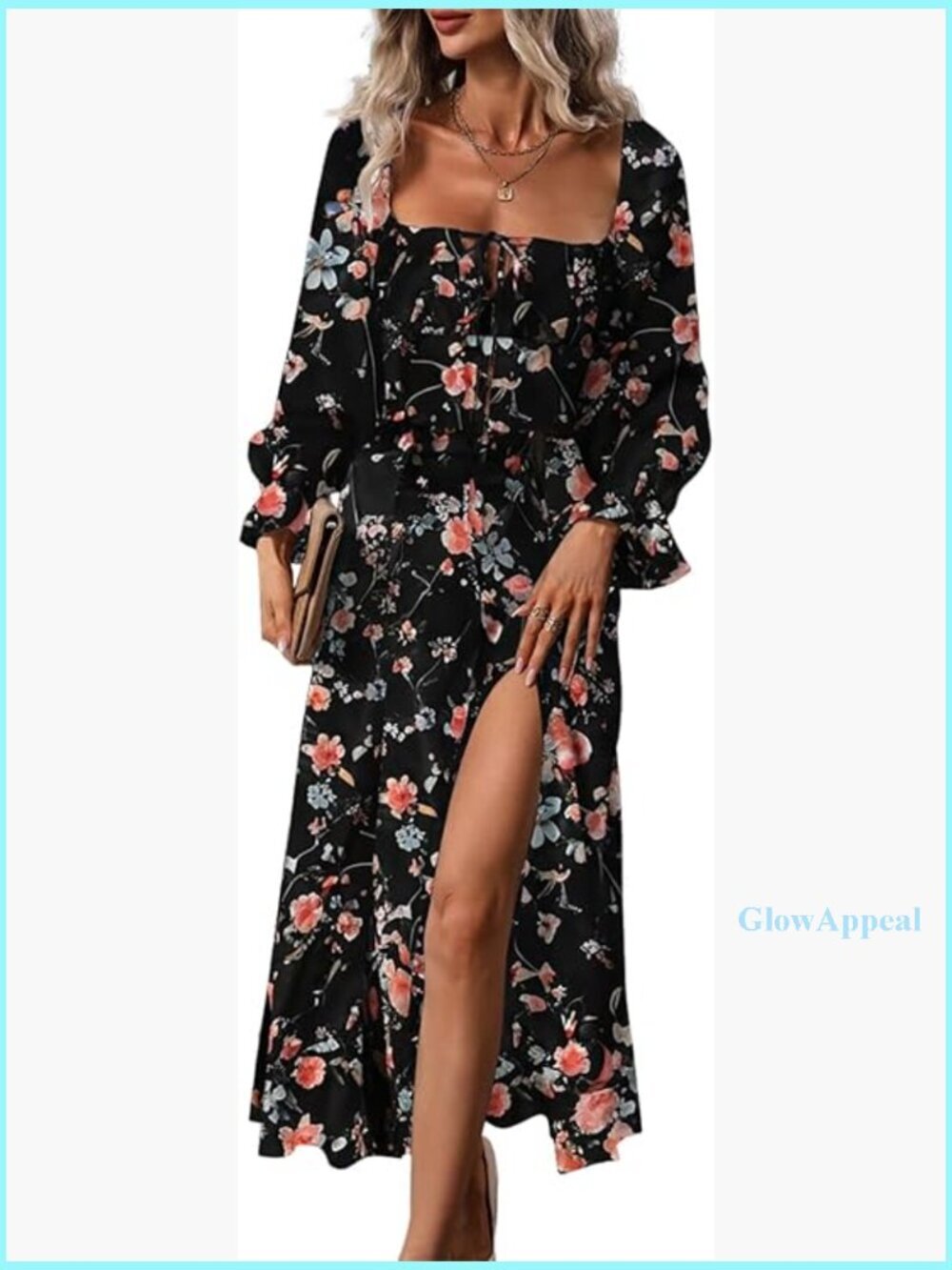 Long Sleeve Square Neck Boho Floral Midi Dress with Side Split